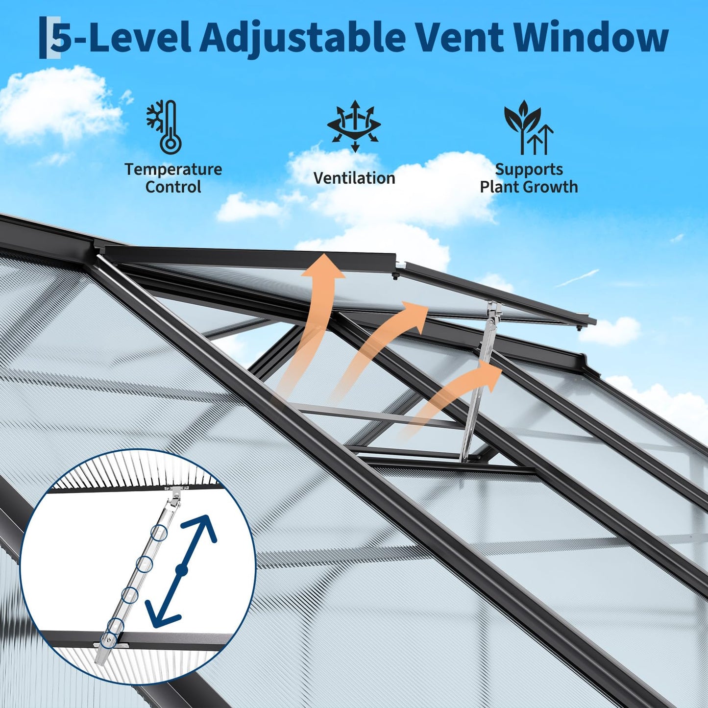 Garvee 8x14 FT Greenhouse, Easy Assembly Polycarbonate Greenhouses for Outdoor with Adjustable Roof Vent, Large Aluminum Walk-in Greenhouse with Lockable Hinged Door for Patio, Backyard, Garden, Black