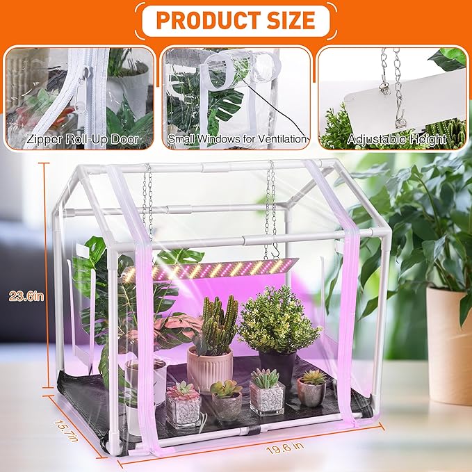Meonum Mini Greenhouse with Grow Light for Indoor, Tabletop Small Greenhouse Kit with Bottom Mat for Waterproof, 15W Plant Dimmable LED Grow Lights and Timer, 3 Light Color Mode for Seed Starter Tray