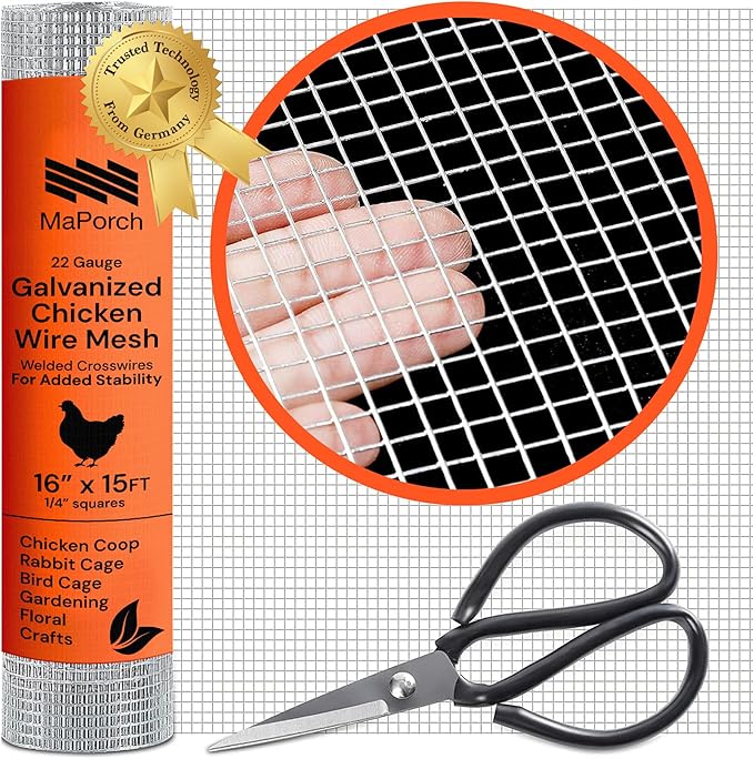 MaPorch Chicken Wire Mesh Hardware Cloth - 16" x 15 ft, 18-Gauge, 1/4-In Hex Galvanized Steel for Chicken Wire Fencing, Poultry Netting & Rabbit Fence - Includes Cutting Scissors