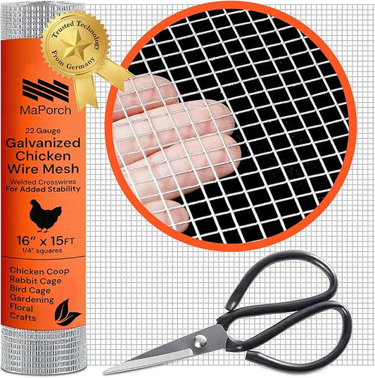 MaPorch Chicken Wire Mesh Hardware Cloth - 16" x 15 ft, 18-Gauge, 1/4-In Hex Galvanized Steel for Chicken Wire Fencing, Poultry Netting & Rabbit Fence - Includes Cutting Scissors