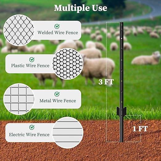 10 Pack Metal Fence Posts, 3ft Heavy Duty U-Post, Black Garden Stakes, No-Dig Post Anchors for Wire Fences, Temporary Fencing, Electric Fence, and Corner Support