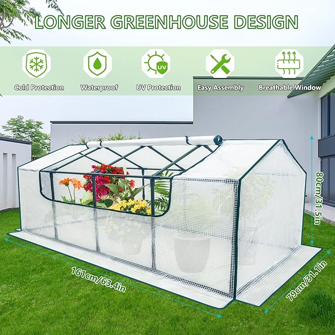 Mini Greenhouse Outdoor, deaunbr Waterproof Garden Green House with Durable PE Cover & Roll-Up Zipper Door, Heavy Duty Greenhouse Tent for Indoor Outdoor Plants - 63"x31.5"x31.1"