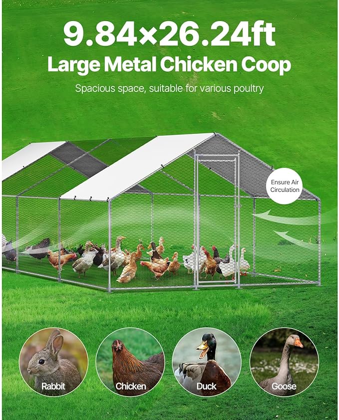 VEVOR Large Metal Chicken Coop with Run, 9.8x26.5x6.5 ft Walk-in Chicken Runs for Yard with Cover, Spire Roof Hen House with Security Lock for Outdoor and Backyard, Farm, Duck Rabbit Cage Poultry Pen