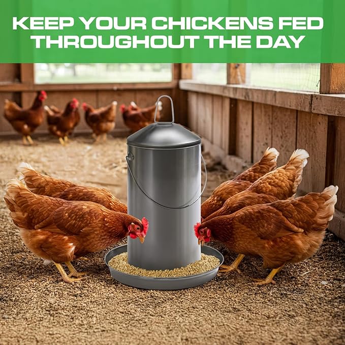 Plexon 8.8 Lb Stainless Steel Hanging Chicken Feeder no Waste Food-Grade - Duck Turkey Poultry Feeder for Chicken Metal - Heavy Duty Reliable Long-Lasting with Handle