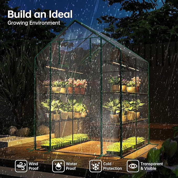 Bstrip Walk In Greenhouse, Indoor Greenhouse with Grow Lights, Mini Indoor Greenhouse with Roll-Up Zipper Entry Door and PVC Cover, Dimmable 2FT 120W Plant Light with Timer (56.3"W X 56.3"L X 76.8"H )