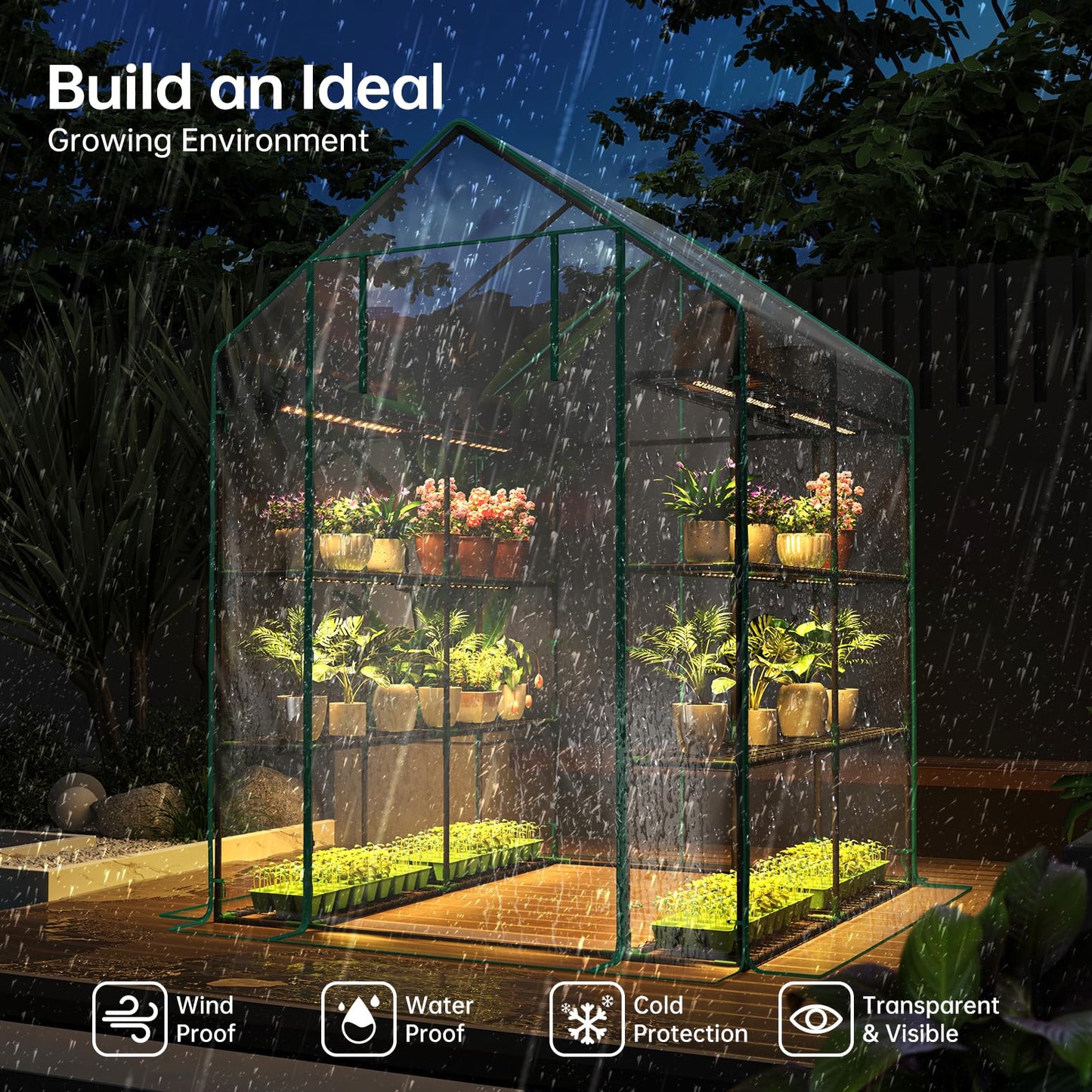 Bstrip Walk In Greenhouse, Indoor Greenhouse with Grow Lights, Mini Indoor Greenhouse with Roll-Up Zipper Entry Door and PVC Cover, Dimmable 2FT 120W Plant Light with Timer (56.3"W X 56.3"L X 76.8"H )