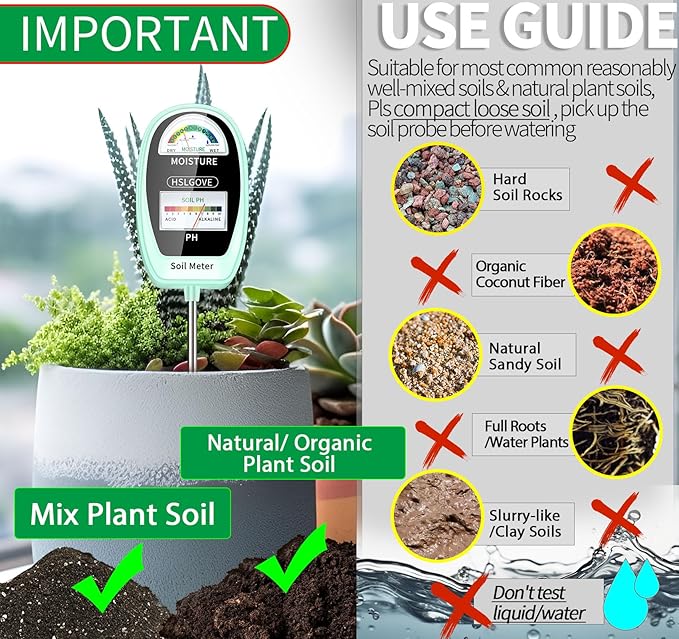 HSLGOVE Soil Test Kit, 2-in-1 Soil Moisture Meter/Soil PH Meter, Dual Screen Soil Tester, Soil Moisture Meter for Plants Watering/Gardening for Lawn,Farm Indoor&Outdoor Use-Greennew