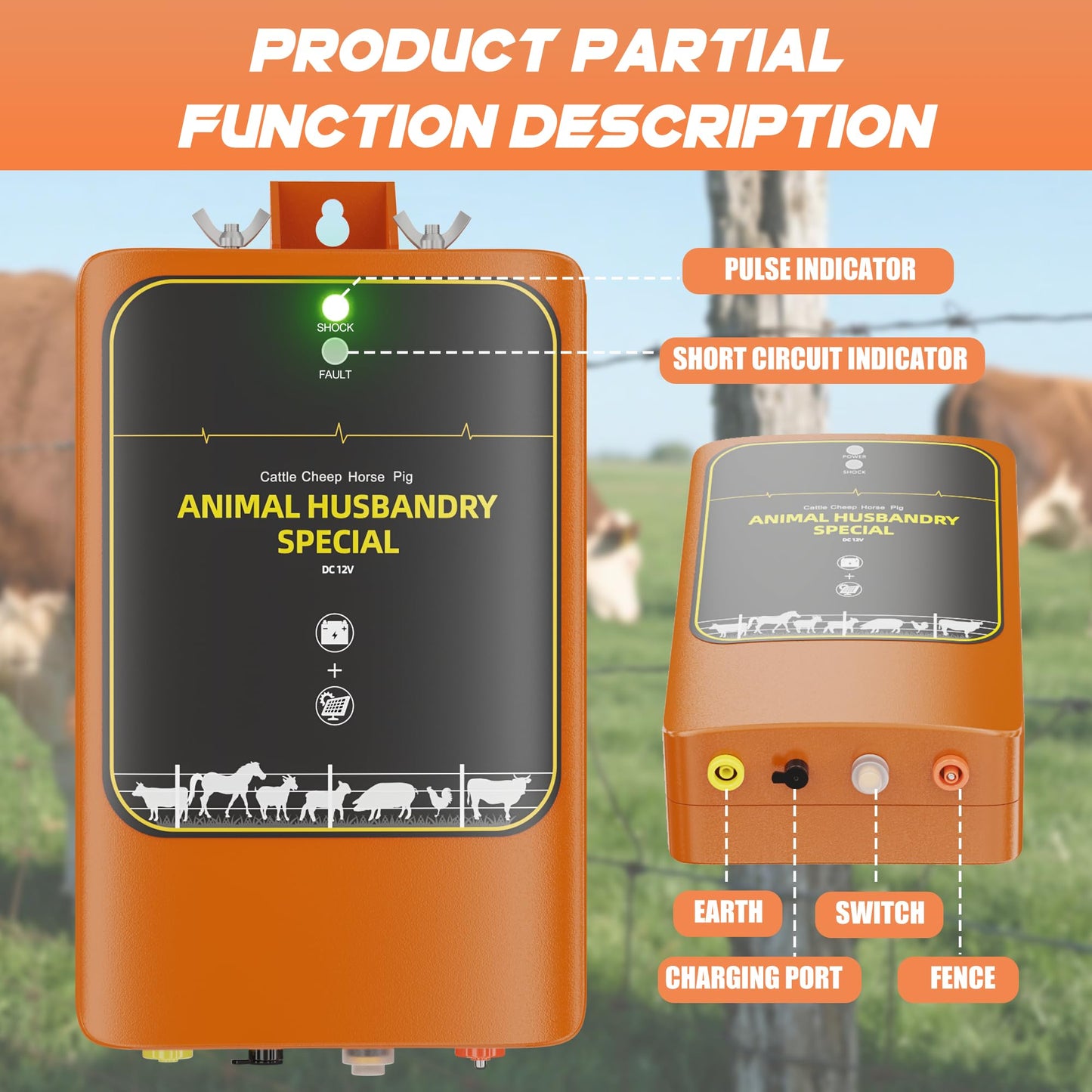 10-Mile Livestock Electric Fence, 12W Solar Panel Fast Charging,24-Hour uninterrupted Discharge to Drive Away Wild Animals, Built-in Large-Capacity Battery, can Last for X Hours (Orange Color)