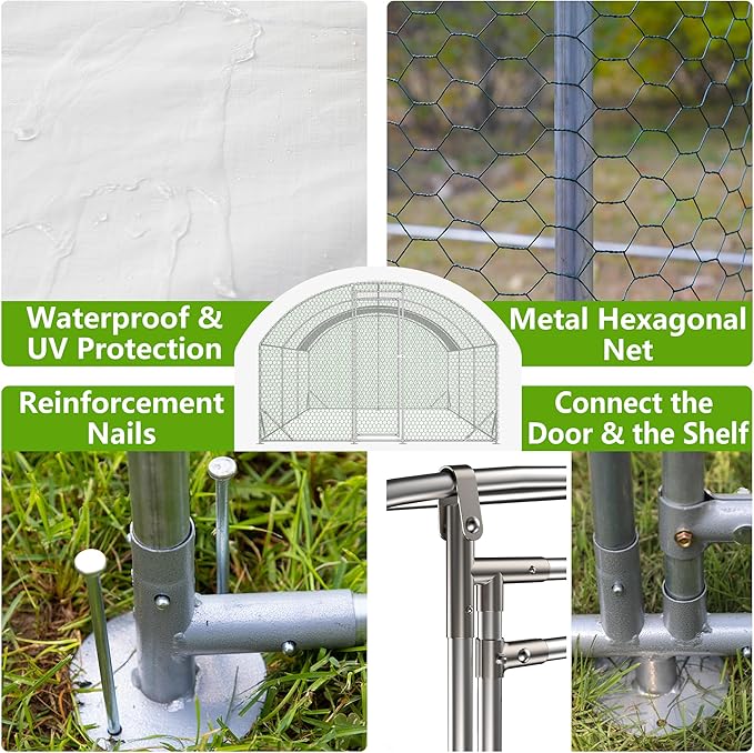 Large Metal Chicken Coop, Walk-in Chicken Run Pen with Waterproof Anti-UV Cover, Dome Roof Poultry Cage for Outdoor, Backyard, Farm (9.84'L x 19.68'W x 6.56' H)