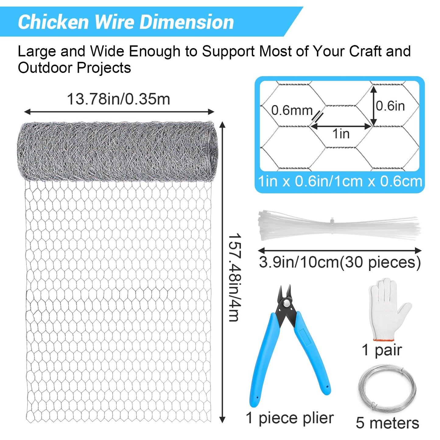 Chicken Wire Mesh 13.7 in x 157 in Silver Floral Chicken Wire Poultry Netting Hexagonal Galvanized PVC Coated Wire Mesh for Floral Arrangements Craft with 30 Zip Ties, Glove and Wire Cutting Pliers