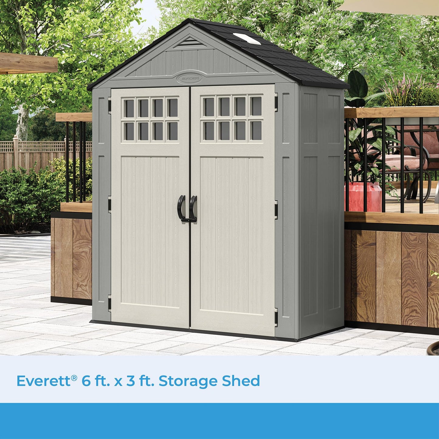 Suncast BMS6312D Everett 6' x 3' Heavy-Duty Resin Outdoor Pad-Lockable Double Doors and Windows All-Weather Shed for Yard Storage, Dove Gray