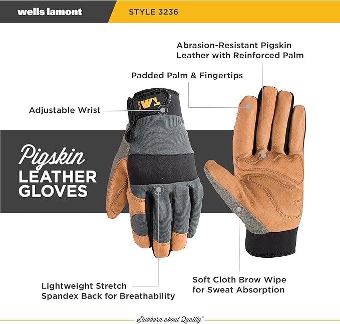 Wells Lamont Men's Heavy Duty Leather Palm Hybrid Spandex Work Gloves, X-Large (3236XL), Gray