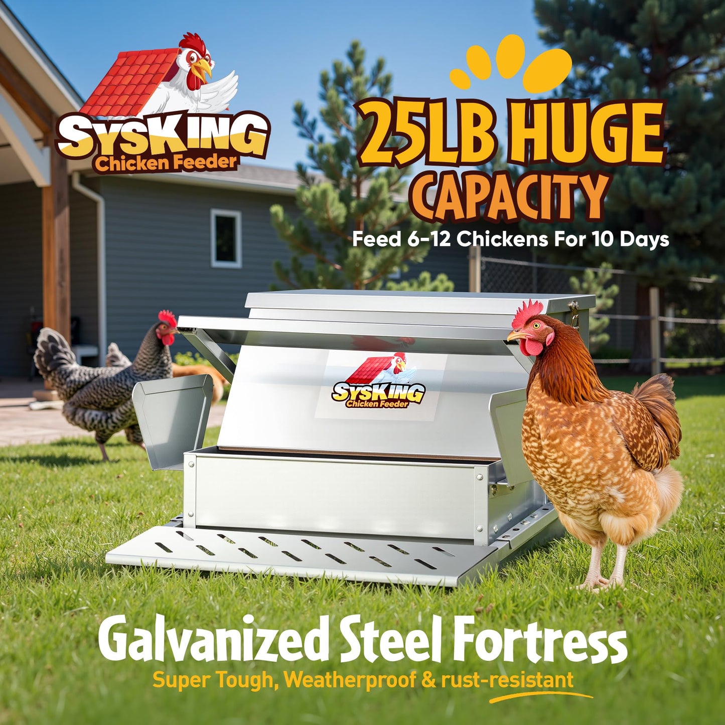 SYSKING Heavy Duty Automatic Chicken Feeder - Metal Chicken Feeders Treadle Operated, Spill Proof Poultry Feeder with Rat Proof Design & Weatherproof Lid | Sturdy Galvanized Steel (25 lb Capacity)