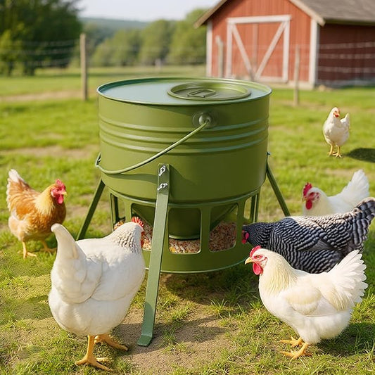 Metal Chicken Feeder - 20lbs Ground Poultry Feeder with 12 Ports, Powder Coated Rust-Proof Design & Smooth Edges for Safe Feeding (Avocado Green, 20lbs)