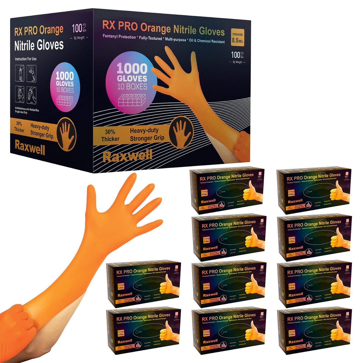 Raxwell Heavy Duty Disposable Orange Nitrile Gloves, X-Large, 8.5 Mil Thick, Raised Diamond Texture, Food Grade & Safe, Auto & Cleaning Nitril Gloves
