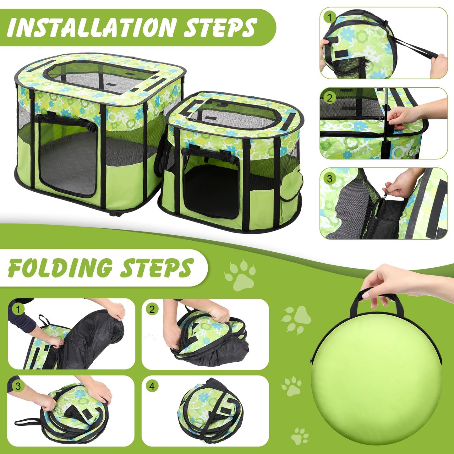 Portable Cat Playpen with Separate Areas, Foldable Indoor Outdoor Cat Enclosure, Portable Pet Tent for Kittens and Small Animals, Collapsible Tent Kennel Cage House with Tent Pegs and Carry Bag