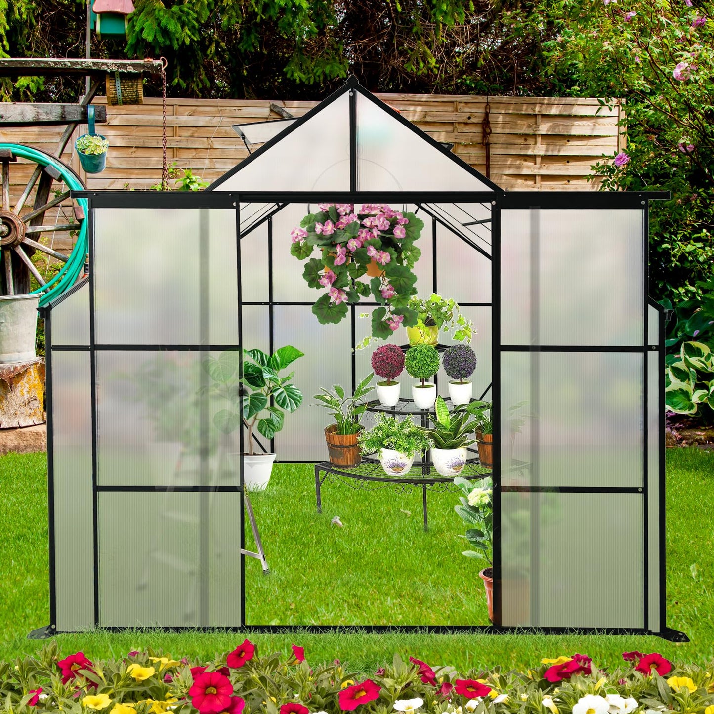 Ball & Cast 8X8 FT Greenhouse for Outdoors,Double Sliding Door Polycarbonate Raised Plant Base with Drainage System & Galvanized Frame,Backyard Anchor Aluminum Heavy Duty Walk-in Green Houses,Black