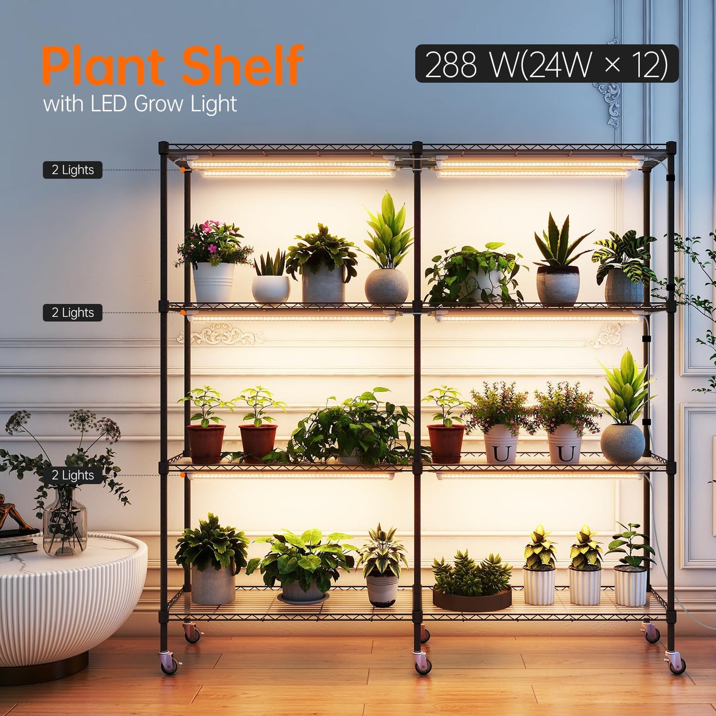 Bstrip Plant Shelf with Grow Light, 4-Tier Large Grow Light Shelf with Wheels, Stainless Steel, 12-Pack 288W T8 Full Spectrum Grow Lights for Seed Starting(57.4" L x 13.8" W x 59" H)