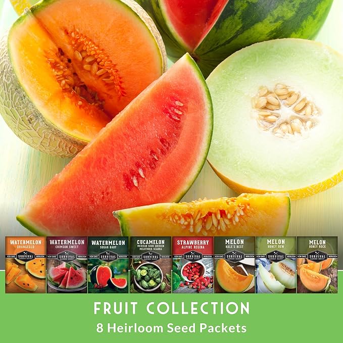 Survival Garden Seeds - 8 Fruit Seed Collection for Growing Watermelon, Cantaloupe, Melon, Strawberry, and Cucamelon Plants in Your Home Vegetable Garden - Non-GMO Heirloom Fruit Seeds Variety Pack