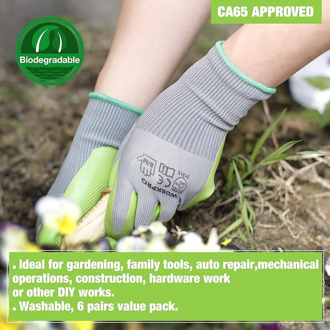 WORKPRO 6 Pairs Garden Gloves, Work Glove with Eco Latex Palm Coated, Gardening Gloves, Working Gloves for Weeding, Digging, Raking, and Pruning (Medium)