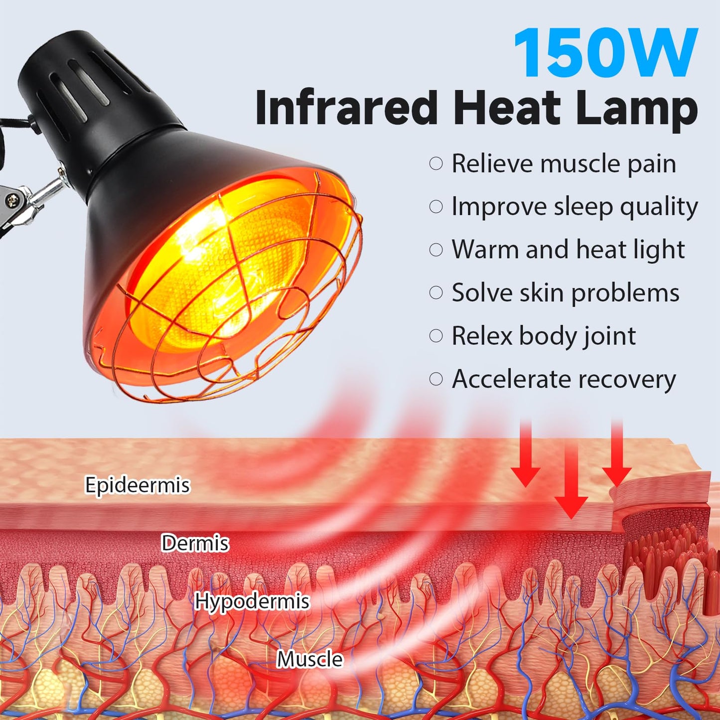 Infrared Heat Lamp with Timer, Red Light Therapy for Body Muscle Joint Pain Relief, 150W Near Infrared Bulb with Sturdy Adjustable Base