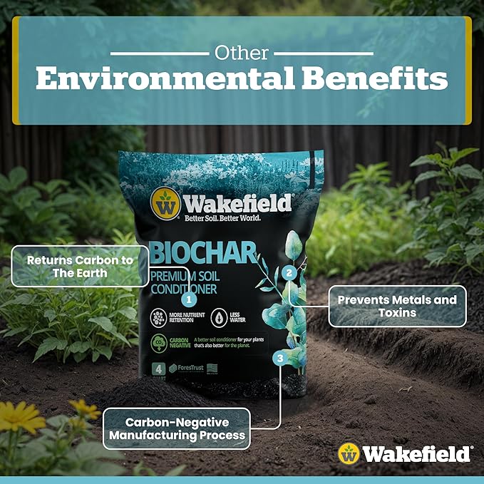 Wakefield Premium Biochar Soil Conditioner – 100% Pure Organic Biochar Soil to Boost Nutrient Retention and Water Efficiency for Houseplants, Gardens, & Lawns – 4 Quarts