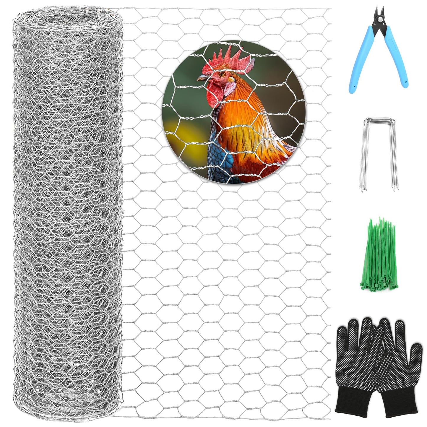 Floral Chicken Wire for Craft, 15.7 Inch x 10 FT Lightweight Galvanized Hexagonal Chicken Wire Netting, Silver Chicken Wire Fence for Garden Poultry Chicken Wire Mesh with Gloves, Wire Ties, Plier