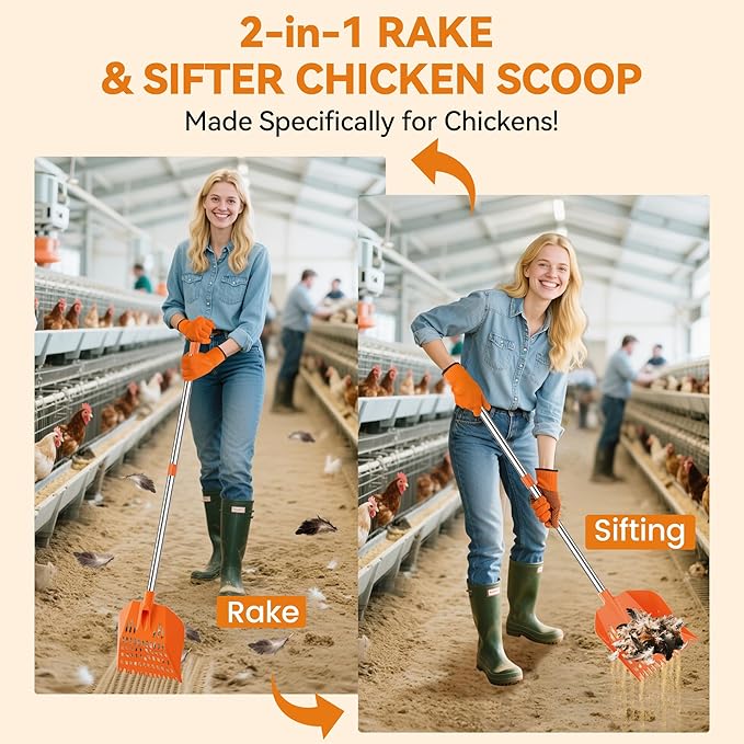 Chicken Poop Scooper with Rake - Lightweight Chicken Coop Scooper for Small Farm Animals - Sand Sifting Shovel with Adjustable Long Handle (38-67'') - Easy to Use for Women & Seniors
