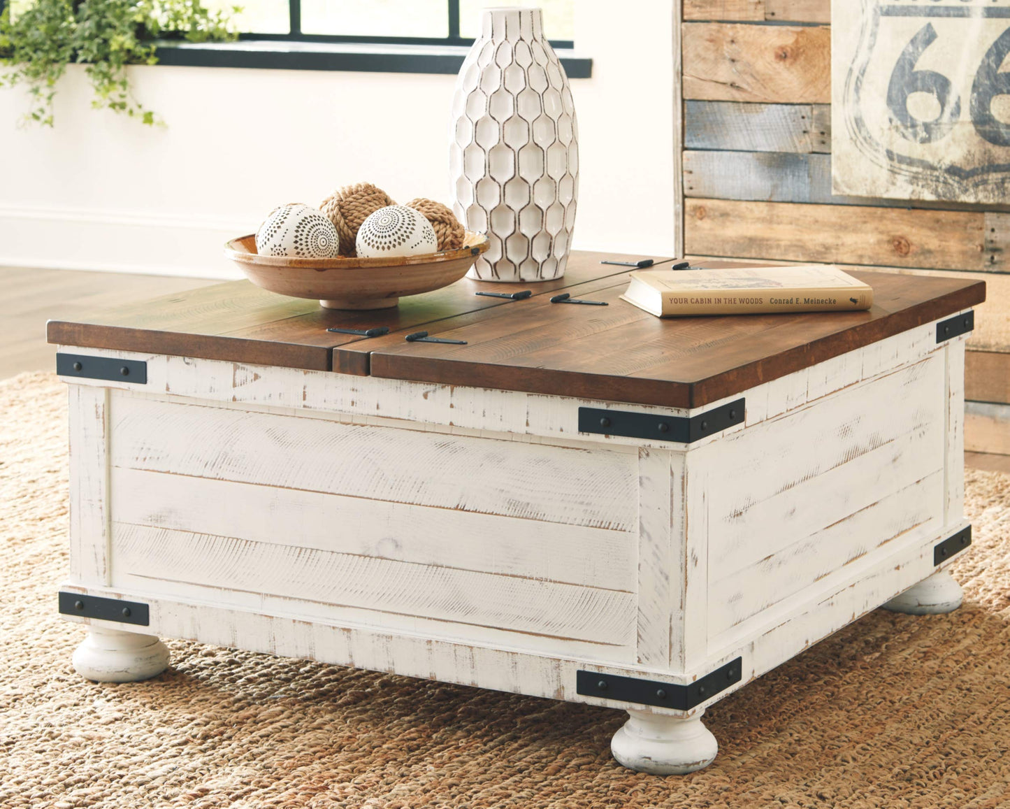 Signature Design by Ashley Wystfield Farmhouse Square Storage Coffee Table with Hinged Lift Top, Distressed White and Chair Side End Table with Cabinet Door for Storage, White & Brown