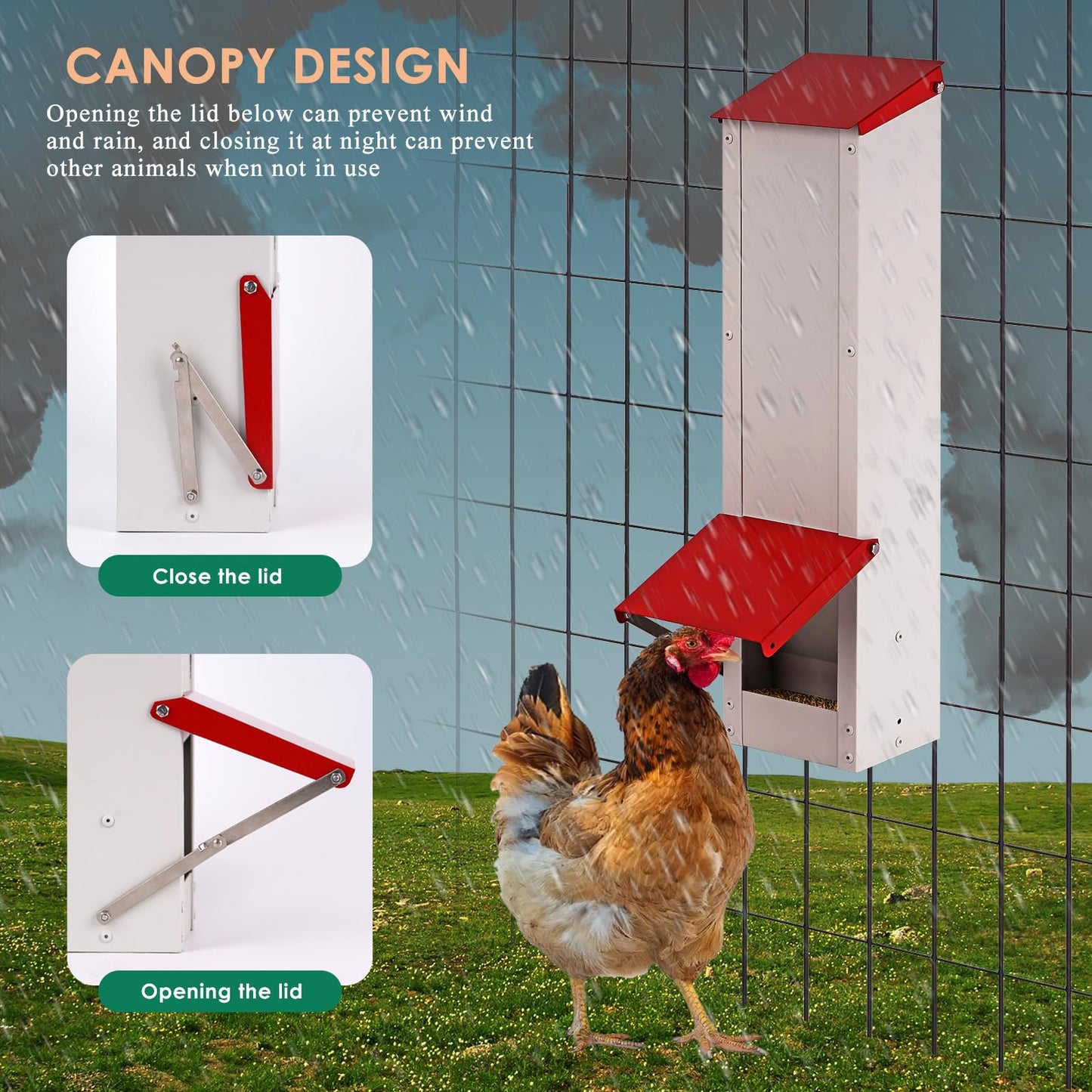 KHEARPSL Galvanized Chicken Feeder Hanging Chicken Coop Feeder Automatic Gravity Feeder Outdoor Weatherproof Metal Poultry Feeder with Lid Holds 8Lbs of Feed, No Waste Design