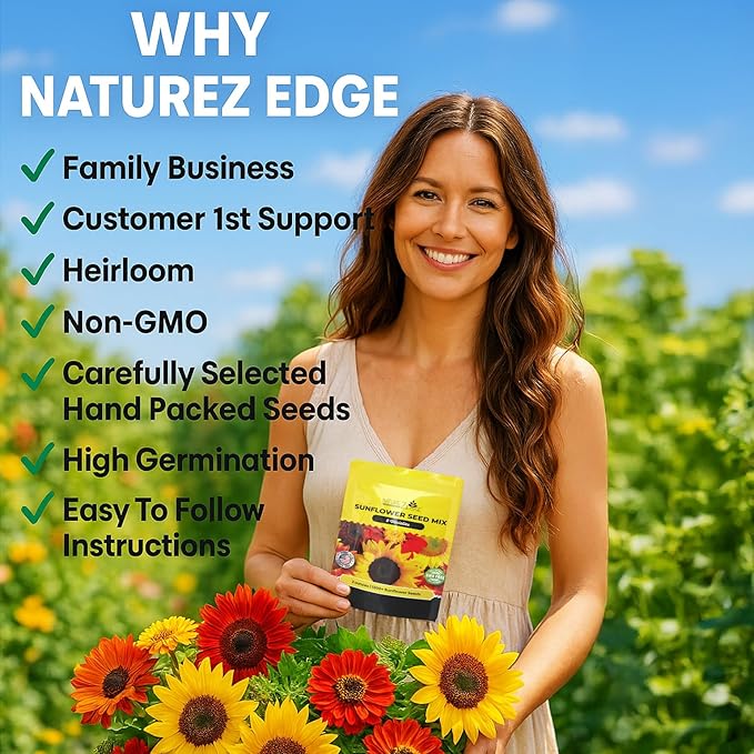 NatureZ Edge 1300+ Sunflower Seeds Garden Variety Pack, Bulk Sunflower Seeds for Planting Flowers, Get More Sunflower Seeds to Plant, Mammoth, Dwarf, Lemon Queen, Giant and More. 2oz Packet