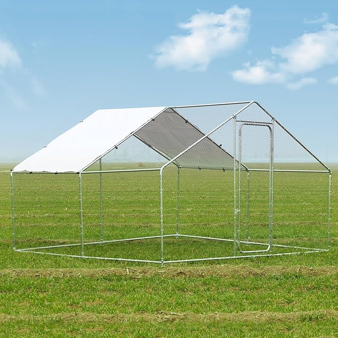 Wonline Large Metal Chicken Coop, Outdoor Walk-in Poultry Spire Top Cage with Climbing Frame Waterproof&Anti-UV Cover, for Hen House, Duck Coop and Rabbit Run, Silver (9.8' L x 9.8' W x 6.56' H)