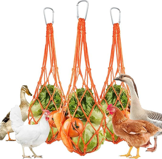 3PCS Chicken Vegetable Hanging Feeder, Chicken Vegetable and Fruit String Bag, Chicken Toys for Coop, Chicken Cabbage Feeder, Hanging Chicken Feeder with Hook for Hens Goose Duck (Orange)