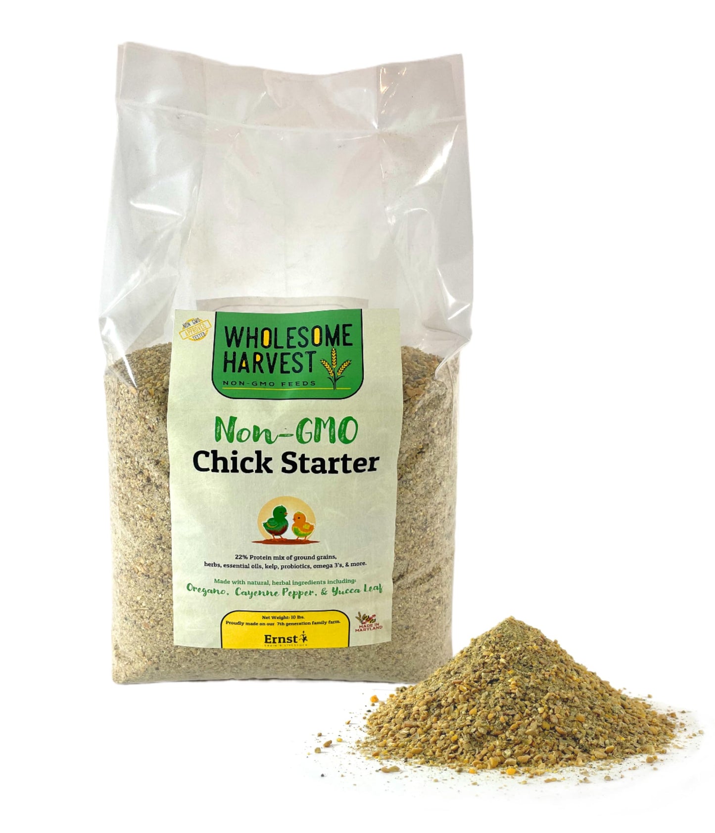 Wholesome Harvest - Chick Starter Feed - Non-GMO Chick Food Starter with Omega 3 and Natural, Herbal Ingredients - Chicken Feed for Growing Healthy Chicks with High-Protein 22% and Probiotics - 10 Lb