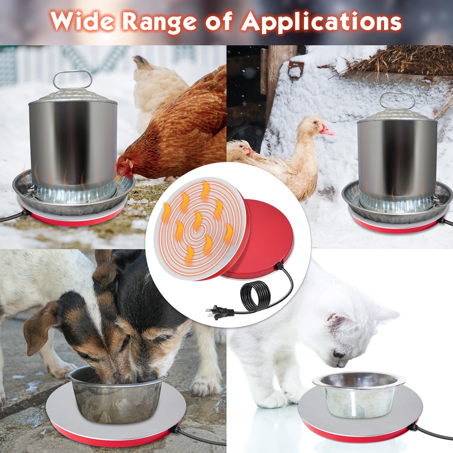 BBTO Chicken Water Heater, 110V 80Watts Heated Chicken Waterer Metal Base for Winter Deicer, Poultry Waterer Heater Base Fits Plastic/Metal Waterer, Pet Water Heater with 6 ft Cord for Poultry Founts