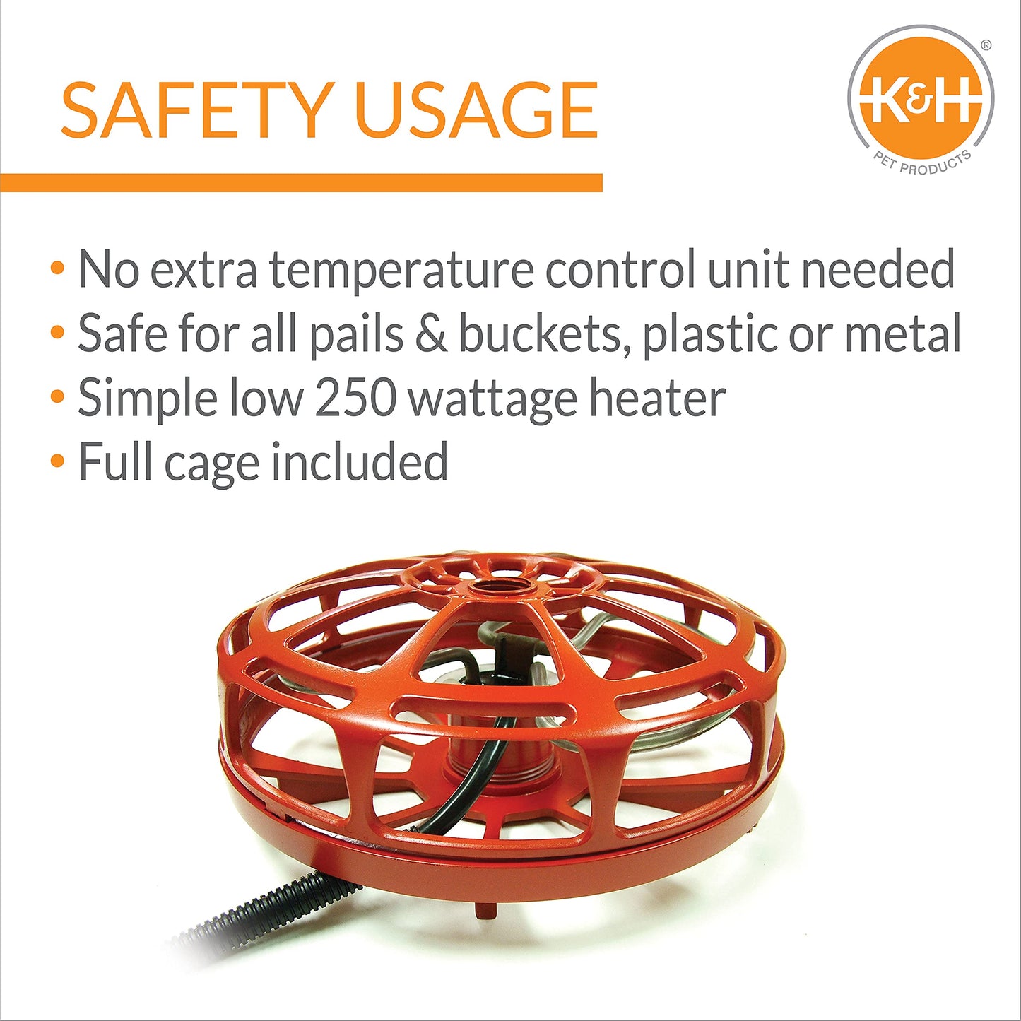 K&H Pet Products Bucket Heater, Ultimate Pail & Bucket Water Submersible Deicer (No Float), Animal Bucket Heater for Goats, Horses, Cattle, Chickens and Livestock Deicer - Red 250W