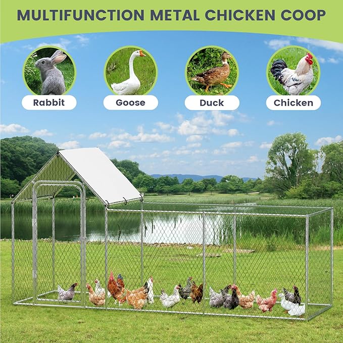 Metal Chicken Coop, Large Chicken Run with Waterproof and Anti-UV Cover, Walk-in Chicken Coop for 6/10 Chickens, Large Chicken Coop Run (9.8'L x 3.3'W x 5'H)