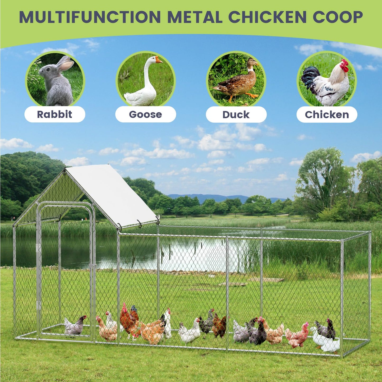 Chicken Coop, Large Metal Chicken Run, Outdoor Chicken Pen with Waterproof and Anti-UV Cover, Walk-in Chicken House with Lockable Door, for Yard, Farm Use, 10' W x 3.3' D x 5' H