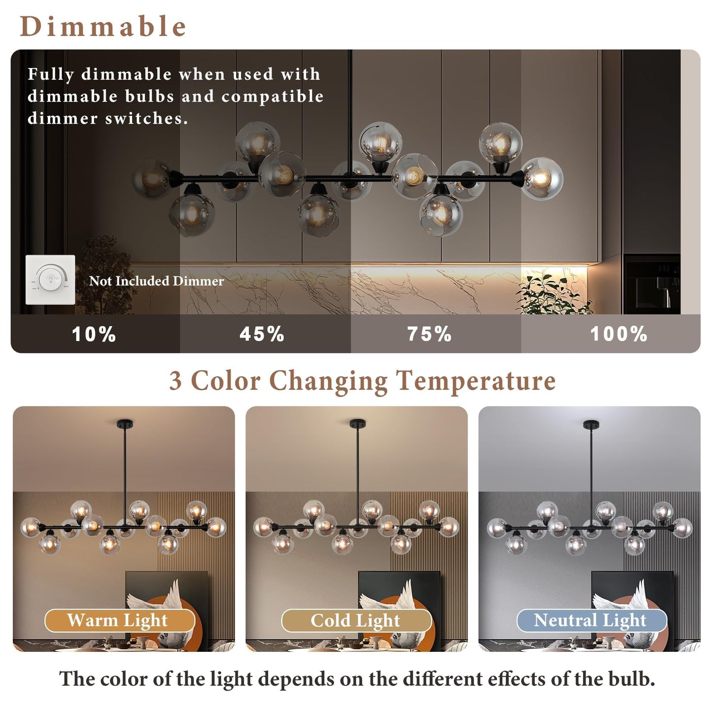 Lzawvm Dining Room Linear Chandelier 13 Lights Sputnik Chandelier Black Kitchen Island Smoky Gray Glass Globe Pendant Light for Living Room Farmhouse Sloped Ceiling, Dia 59 Inch
