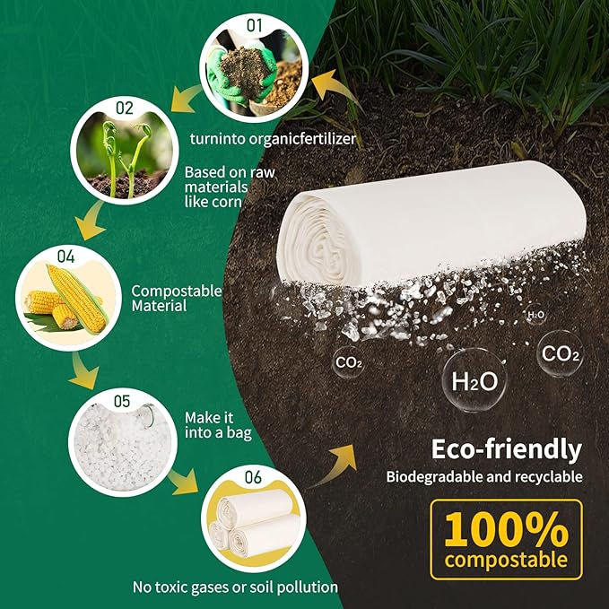 Biodegradable Handle Trash Bags 4-5 Gallon, 100% Compostable Garbage Bags Wastebasket Liners Bags for kitchen bathroom office garden,US BPI ASTM D6400 and Europe OK Compost Home Certified