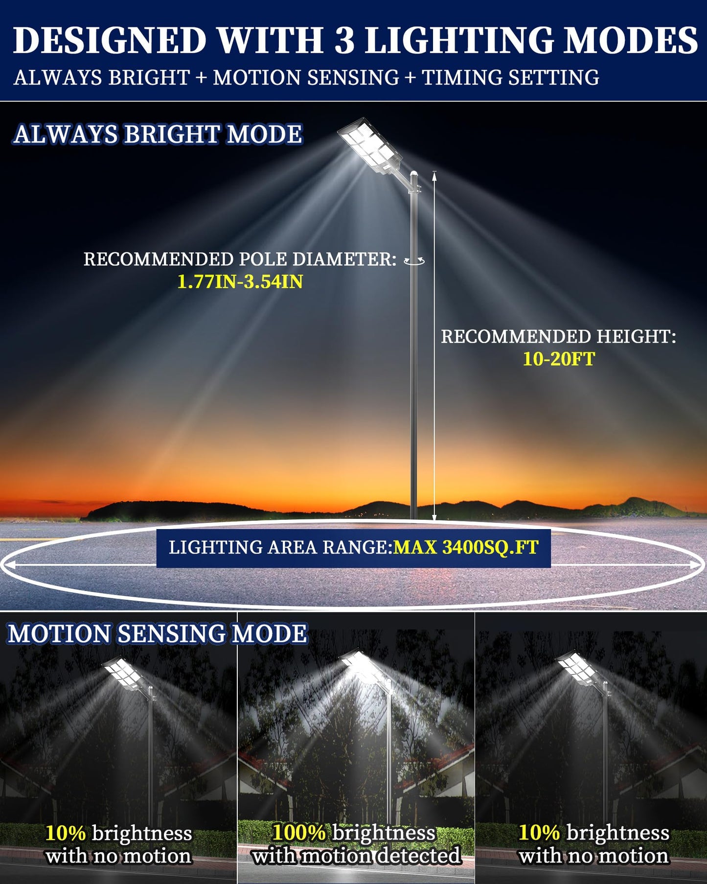 Gefolly SL-7200W Solar Street Light Outdoor, Wide Angle 450000LM 3000K/4000K/6500K Commercial Parking Lot Light Dusk to Dawn, IP67 Flood Outdoor Lamp for Basketball Court, Road, Yard