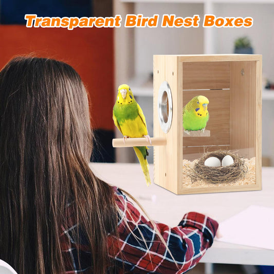 Rypet Transparent Bird Nest Boxes, Wood Parakeet Nesting Box for Cage, Upright Bird Nest Breeding Box with Perch Bird Cage House for Parakeet Lovebirds Budgie Finch Parrotlets Canary L