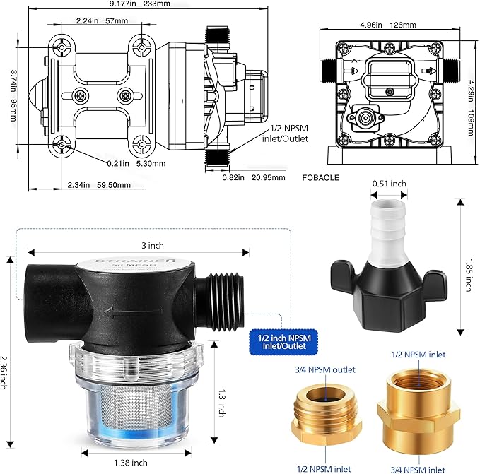 Water Pressure Booster Pump 110v 5.5 GPM 70 PSI, Self Priming Industrial Water Pump with Power Plug, Pipe Fittings Brass Connector Strainer Filter for Kitchen Bathroom Rv Marine Caravan Garden(Black)