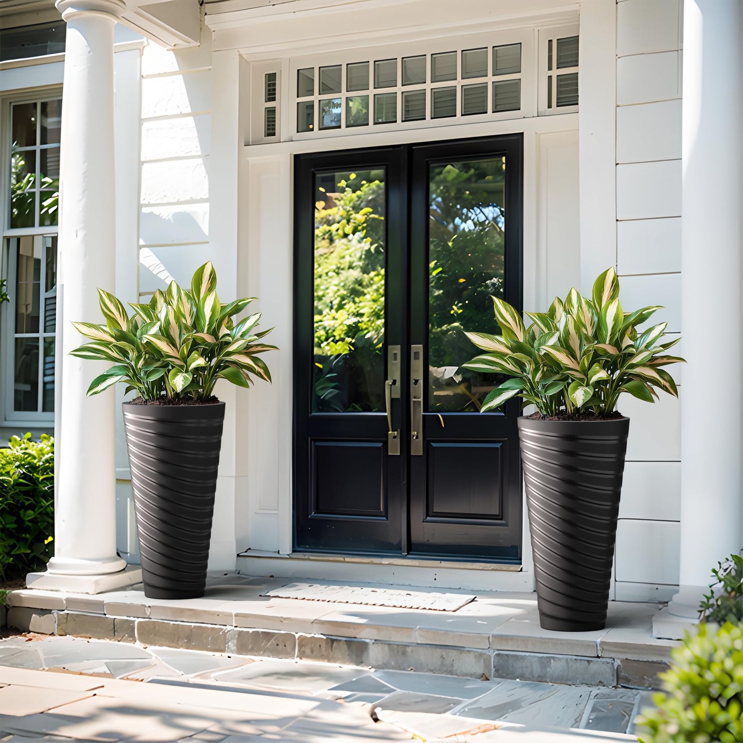 Kante 29 Inch Tall Planter Set of 2, Round Spiral Textured Flower Pots, Decorative Plant Pots for Outdoor Indoor Garden Patio Front Porch (Black)