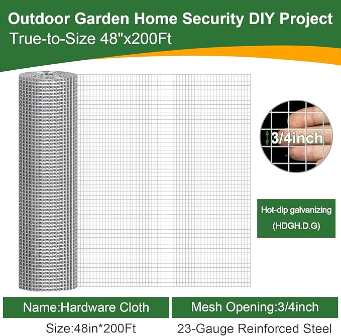 48in x 200ft Hardware Cloth Hot-Dip Galvanized Welded Wire Mesh - Heavy Duty 3/4inch 23 Gauge Chicken Wire Fencing for Garden, Chicken Coop, Rabbit Cage, Rodent & Predator Protection