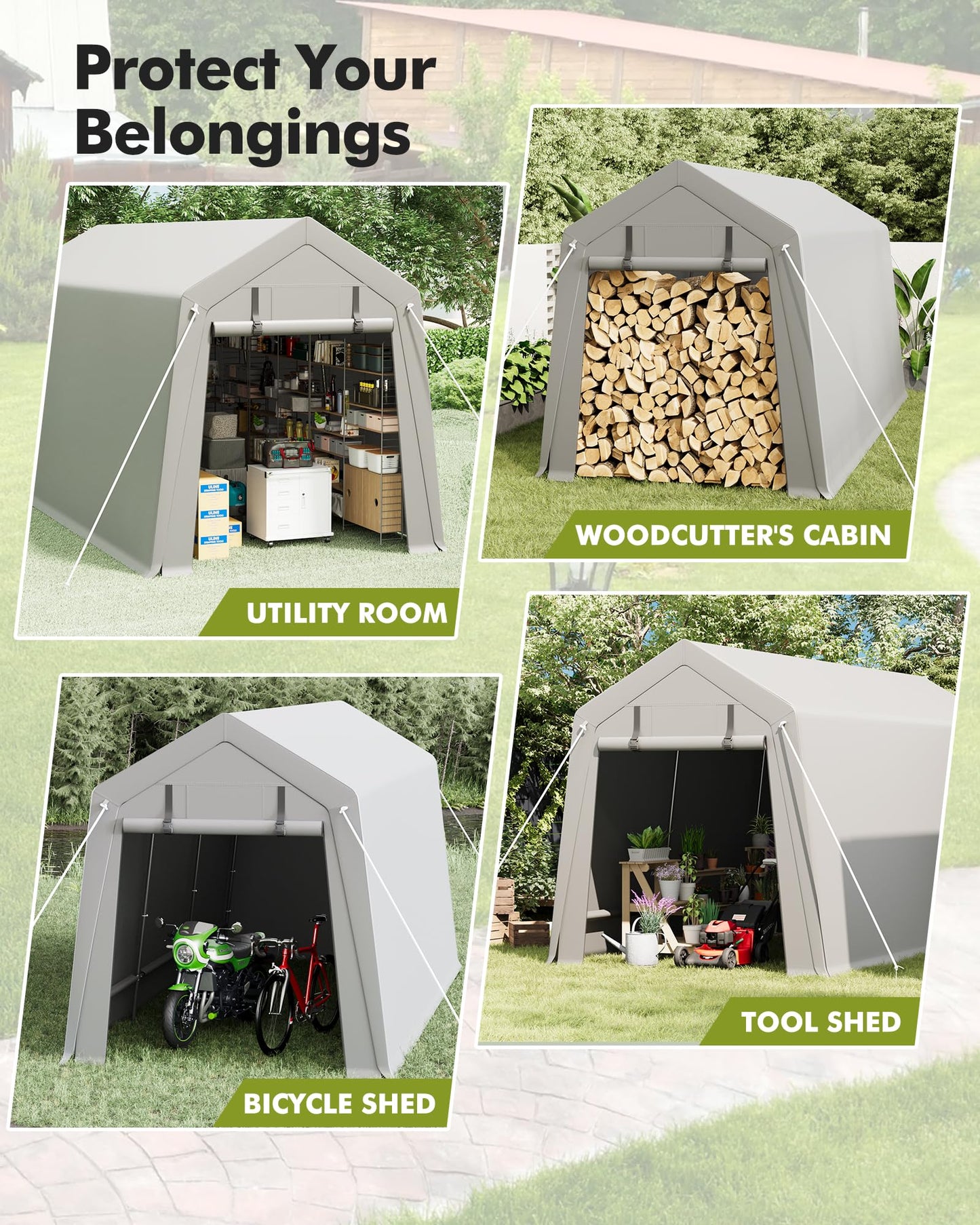 VerisShade 10 x 15 ft Carport Storage Shed, Shelter Logic with 2 Roll-up Zipper Door, Heavy Duty Waterproof Tarp, Storage Tent for ATV, Motorcycle, Bike, Garden Tools, Firewood