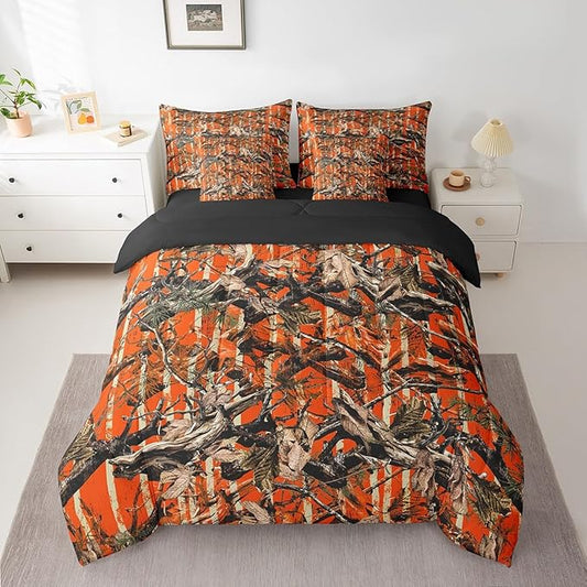 Feelyou Tree Branches 7 Pieces Bedding Set, for Kids Wild Hunting Leaf Bed Set Twin Size Botanical Tree Bed in a Bag with Comforter, Sheets, Pillowcases Bedroom Decor Nature Theme Orange Brown