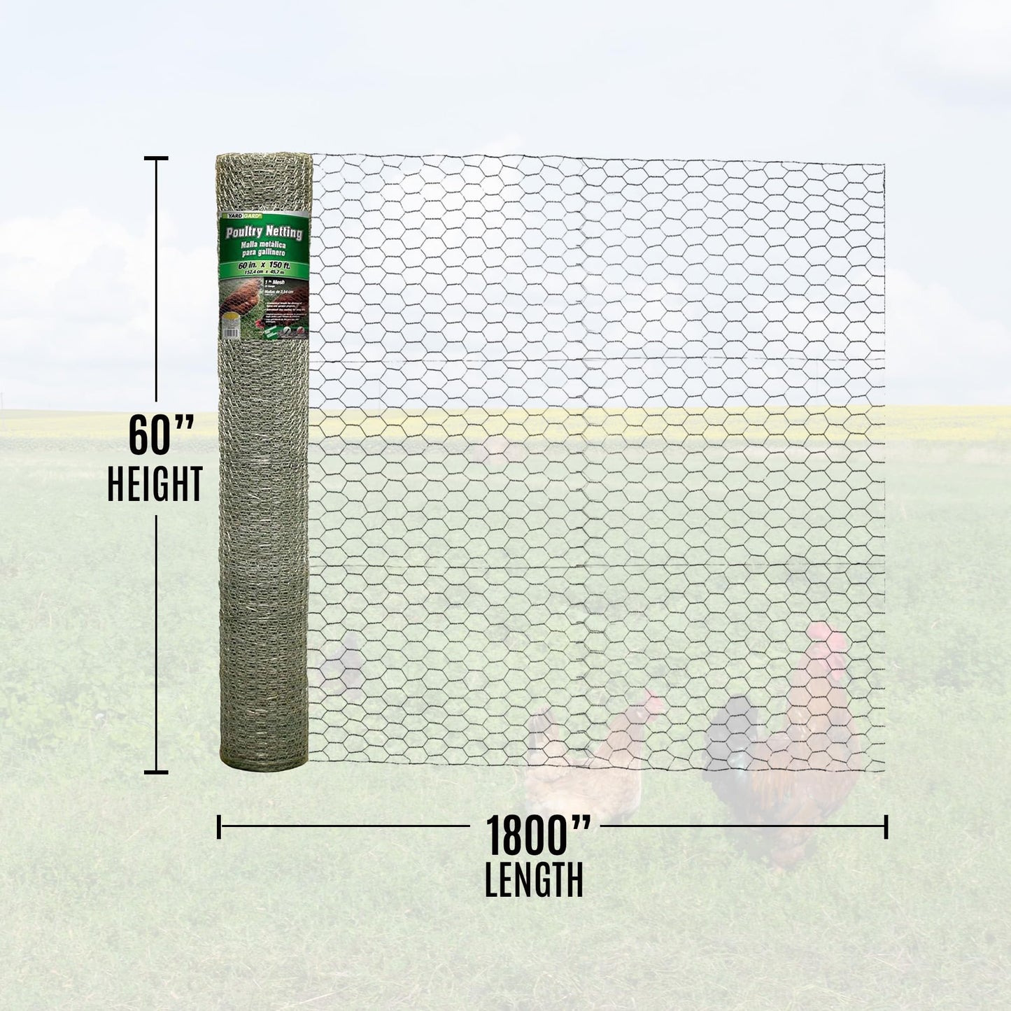 YARDGARD Chicken Wire 1 Inch Mesh 60 Inch X 150 Foot 20 Gauge Galvanized Steel Wire Fence Ideal for Crafting, Garden Protection, Bird Enclosures, Chicken Coops, Poultry Netting and Rabbit Fencing