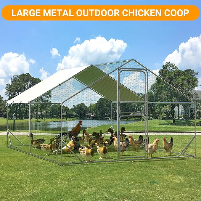 Chicken Runs for Yard with Cover, Large Metal Chicken Coop, 9.8x13.1x6.6FT Chicken Pen with Waterproof and Anti-UV Cover, Walk-in Poultry Cage for Yard Outdoor Duck Rabbit Cage