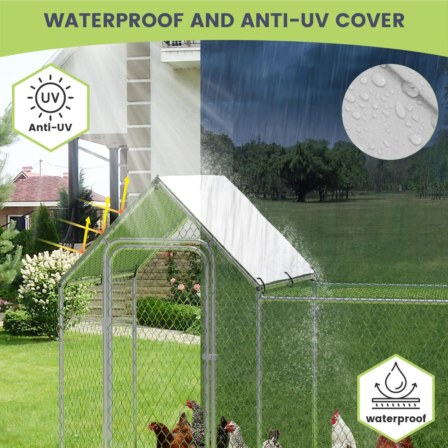 Chicken Coop, Large Metal Chicken Run, Outdoor Chicken Pen with Waterproof and Anti-UV Cover, Walk-in Chicken House with Lockable Door, for Yard, Farm Use, 10' W x 3.3' D x 5' H